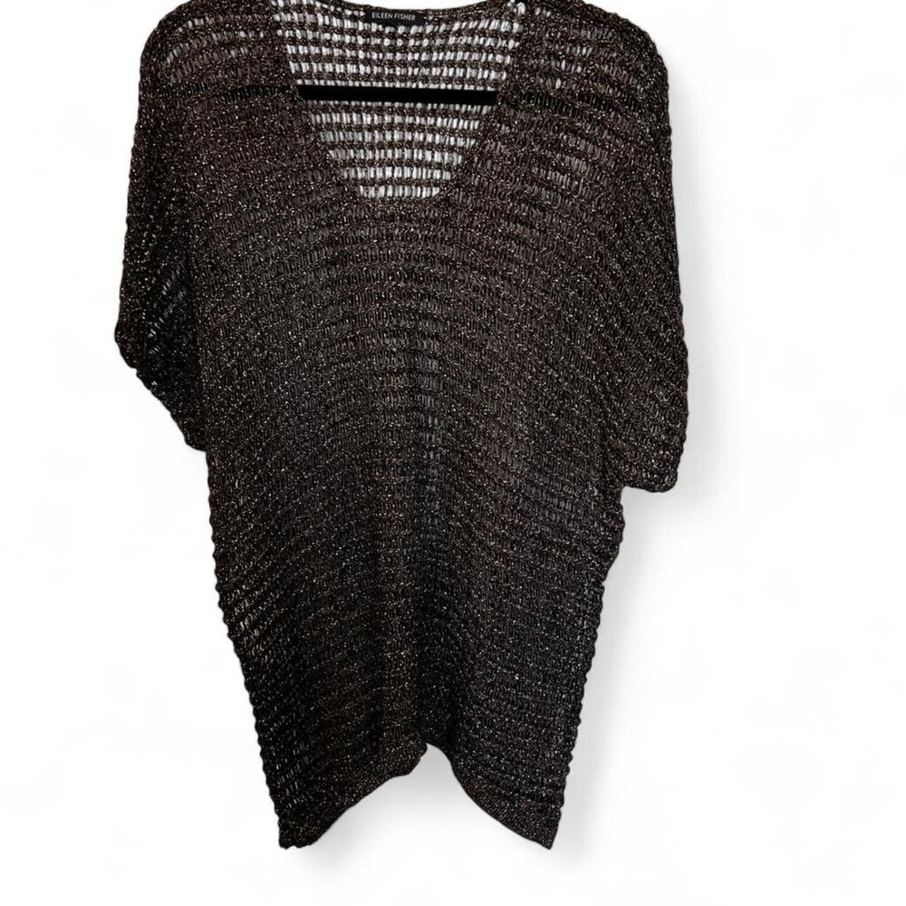 Eileen Fisher Shimmer Mesh Knit Top Ladies Medium Oversized Black & Brown